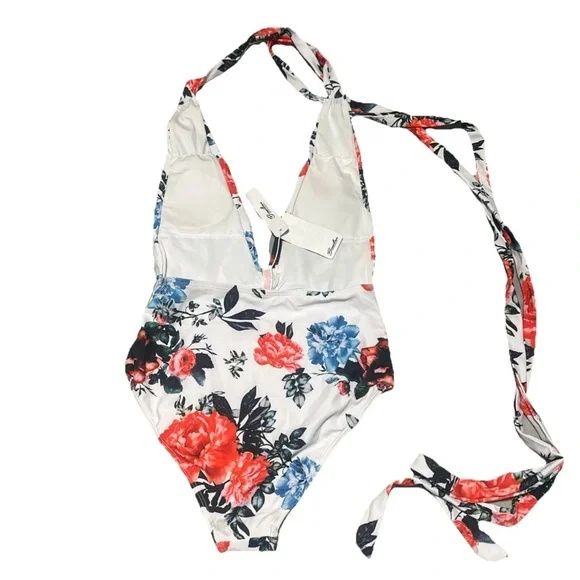 Brazilian women’s *S Low Plunge Front one piece floral swimsuit multiway tie NEW - Picture 3 of 8